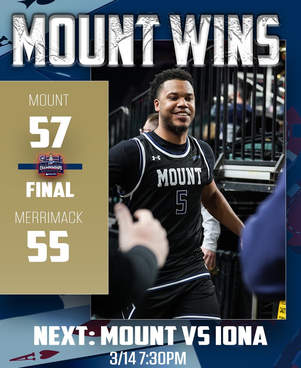 ONE MORE TO GO. 

🙌 CHAMPIONSHIP BOUND! 

🆚: Iona
⏱️: 7:30pm 

TICKETS: bit.ly/41OX0MY

#GoMount