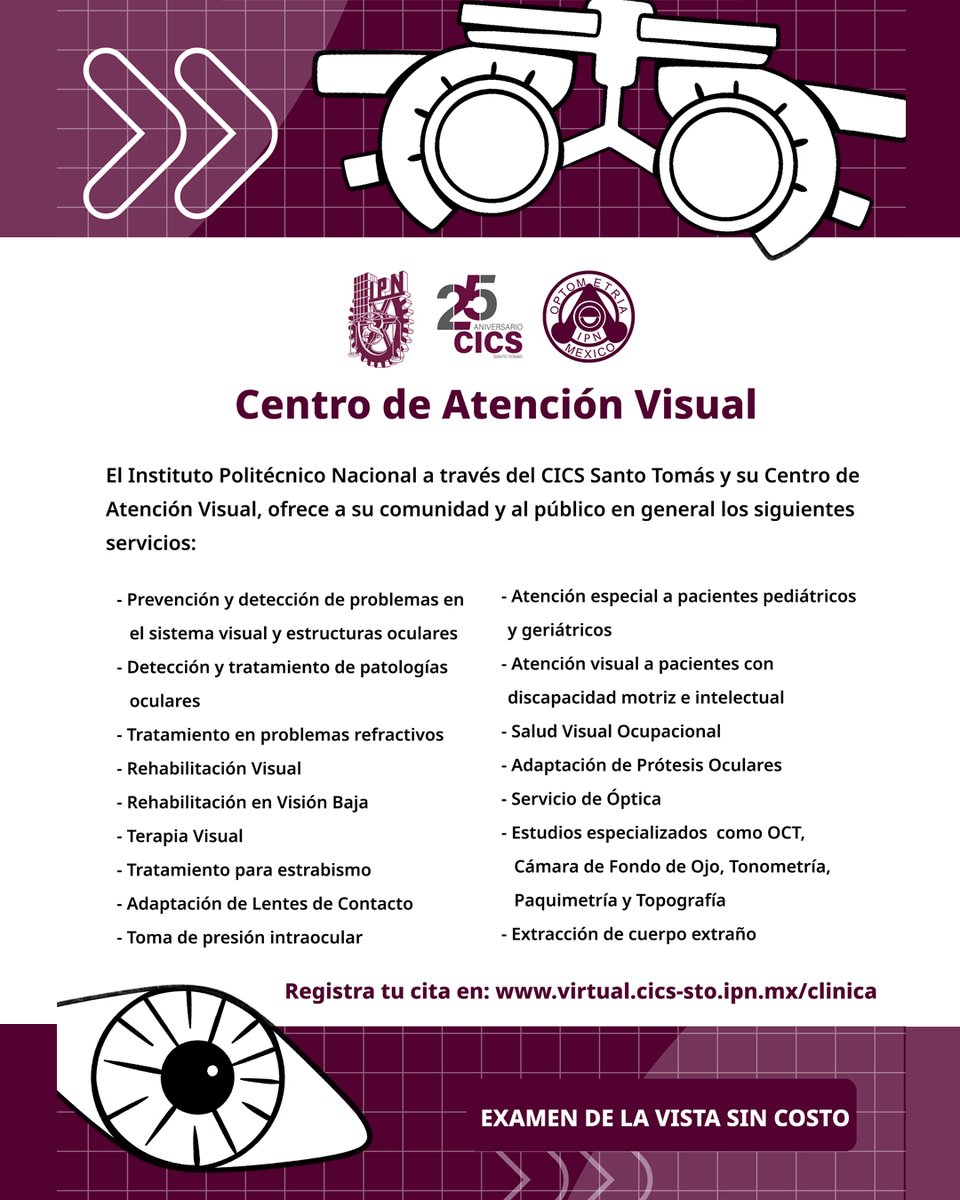 cicsust_ipn's tweet photo. El @IPN_MX a través del CICS Santo Tomás, te invita a conocer los servicios que ofrece su Centro de Atención Visual, la atención es abierta al público en general y con costos muy accesibles.

Registra tu citan en:
https://t.co/4ETjYieCXR

#25AñosCICSUST https://t.co/WdqOdCL5aZ