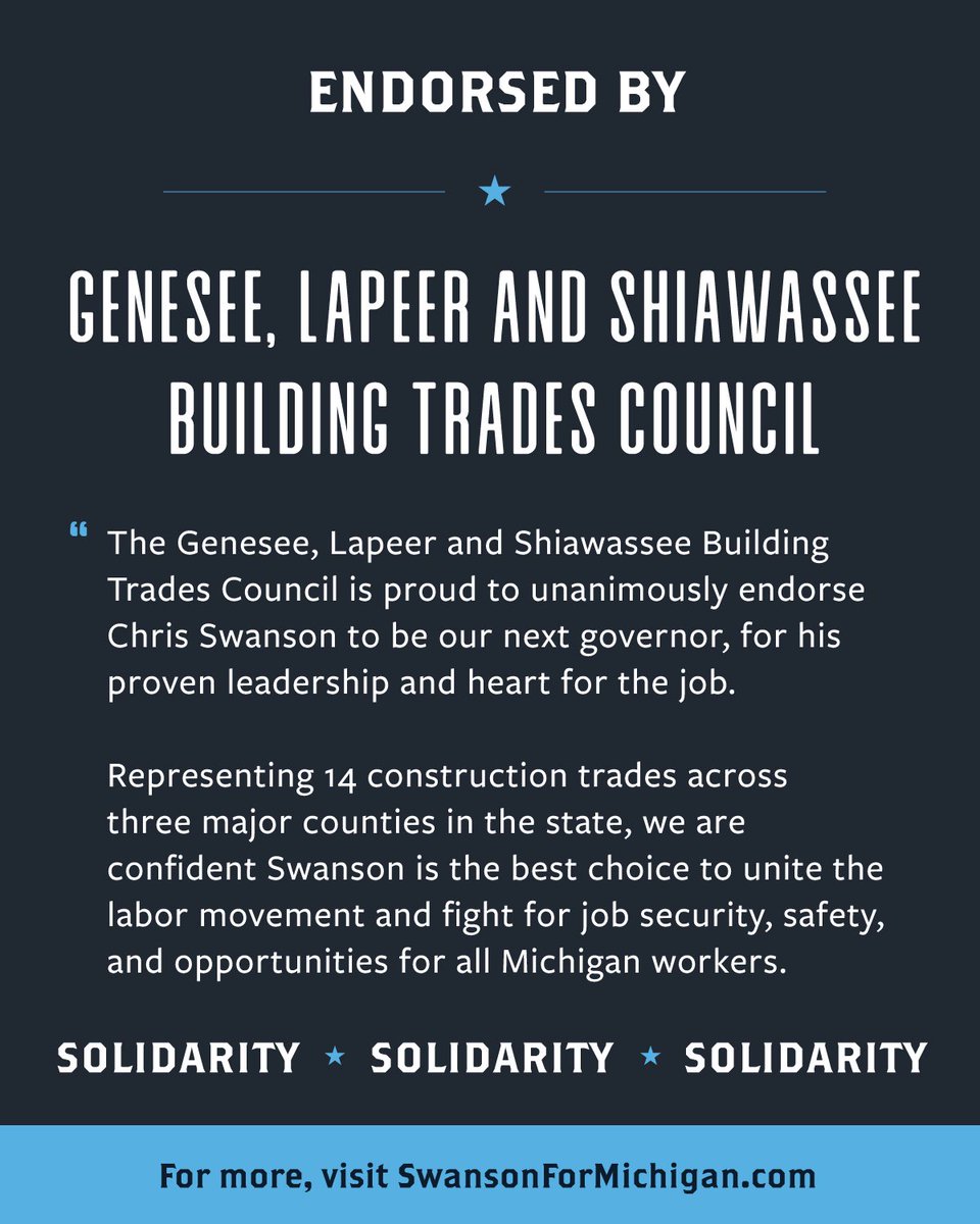 Proud to have the unanimous endorsement of the Genesee, Lapeer, and Shiawassee Building Trades Council!

Three major counties. Fourteen construction trades. One shared belief that worker and union rights need to be protected at all costs. 

I’m honored to stand with them.