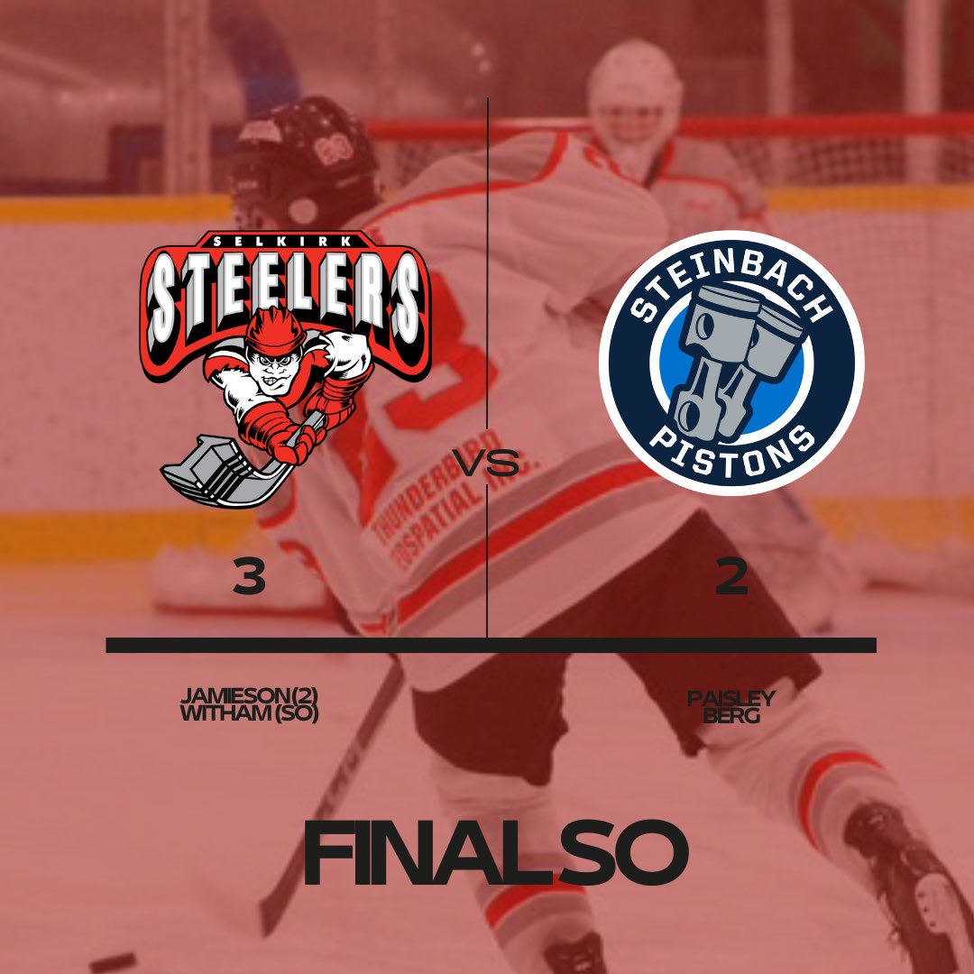 THATS A W! 🚨 

With double Jamieson goals and Witham with the shootout winner, the Steelers are proud to be making history with the first MJHL win in the Pistons’ shiny new barn. Thanks for having us! 👐🏽

#MJHLSteelers