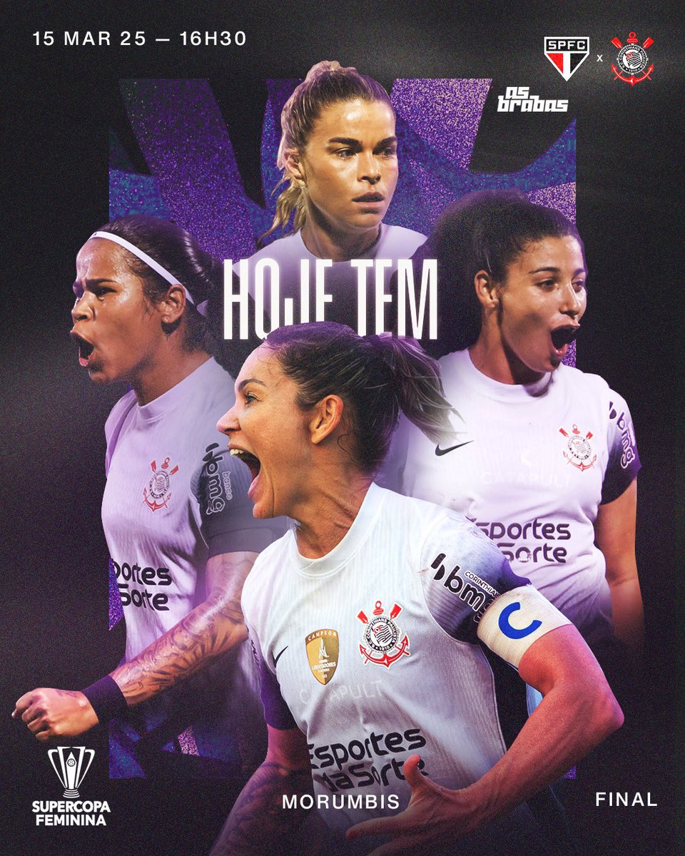 HOJE É DIA DE FINAL!!!! É DIA DE CORINTHIANS FEMININO!!!! 💜💜💜

⚽ São Paulo x Corinthians
🏆 Supercopa Feminina (final)
⏰ 16h30 (horário de Brasília)
🏟️ MorumBIS
📺 Globo e SporTV
🚨 TORCIDA ÚNICA DO MANDANTE 🚨 

#AsBrabas
#VaiCorinthians