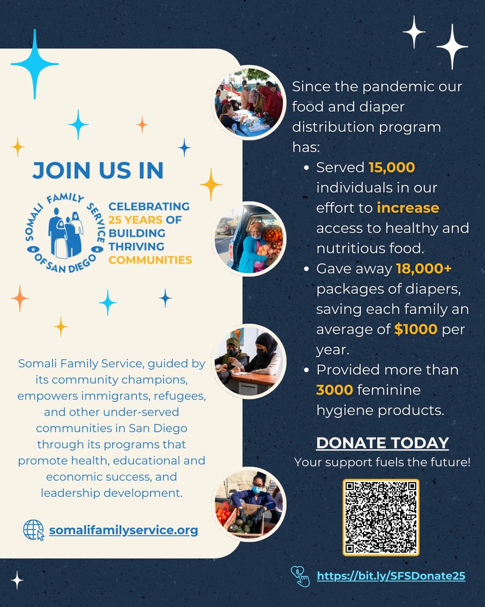 Thank you for celebrating Somali Family Service of San Diego's 25 years of building thriving communities! We're honored to provide food distributions, youth programs, business expos, behavioral health services &amp; more! Your support fuels the future! Donate: bit.ly/SFSDonate25
