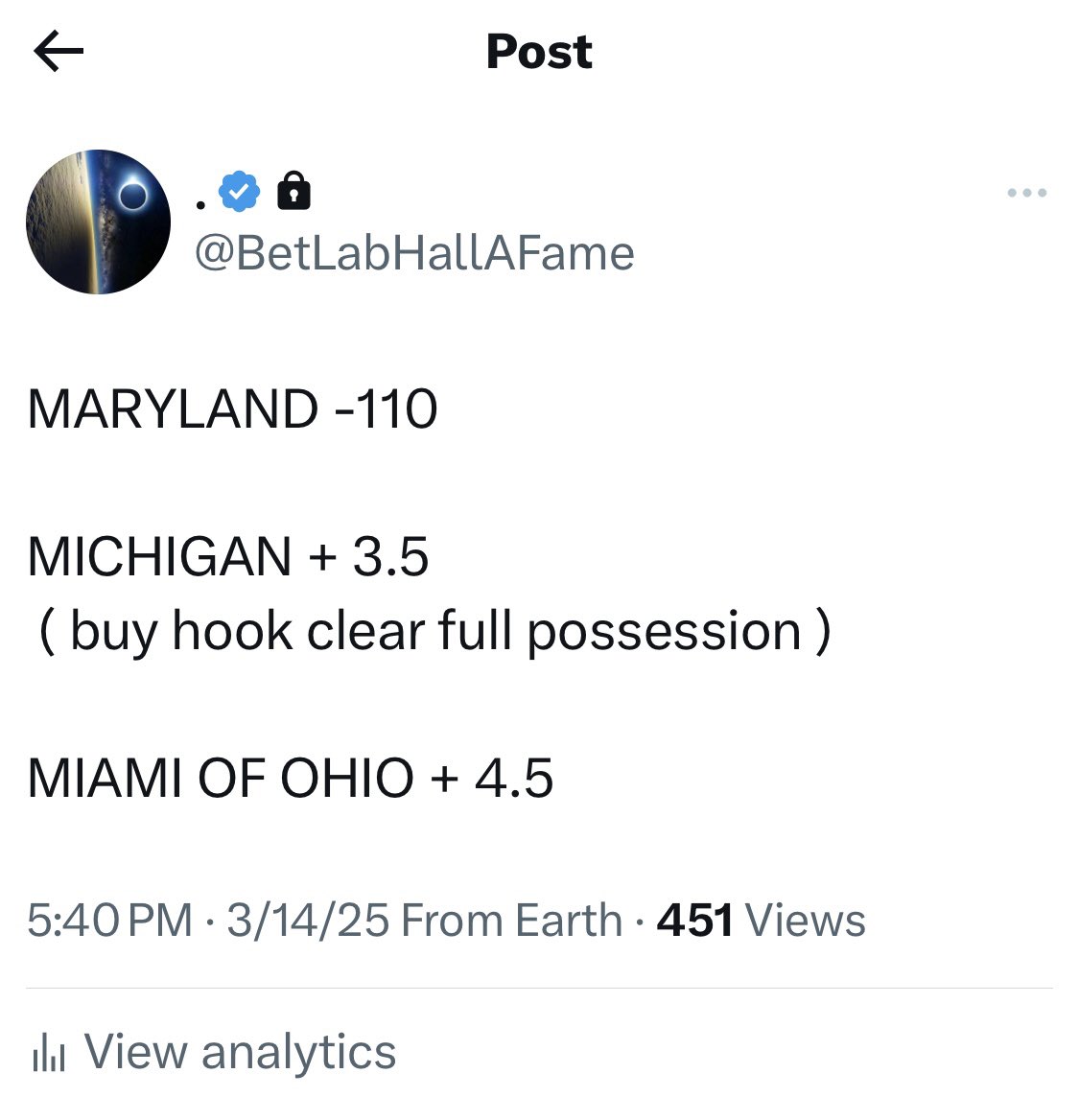 BetLabAnalytics's tweet photo. We got it !! 
Ladies &amp; Gents I present to you  the perfect card 

KENNASAW ST + 7✅✅

GRAMBLING + 3 ✅✅✅

MICHIGAN +2.5 ✅✅✅

MARYLAND -1 .. ✅✅✅

MIAMI OHIO +4.. ✅✅✅

@BetLabAnalytics  5-0 .. Welcome to my madness can I get a RT https://t.co/6PfDmcqWdx