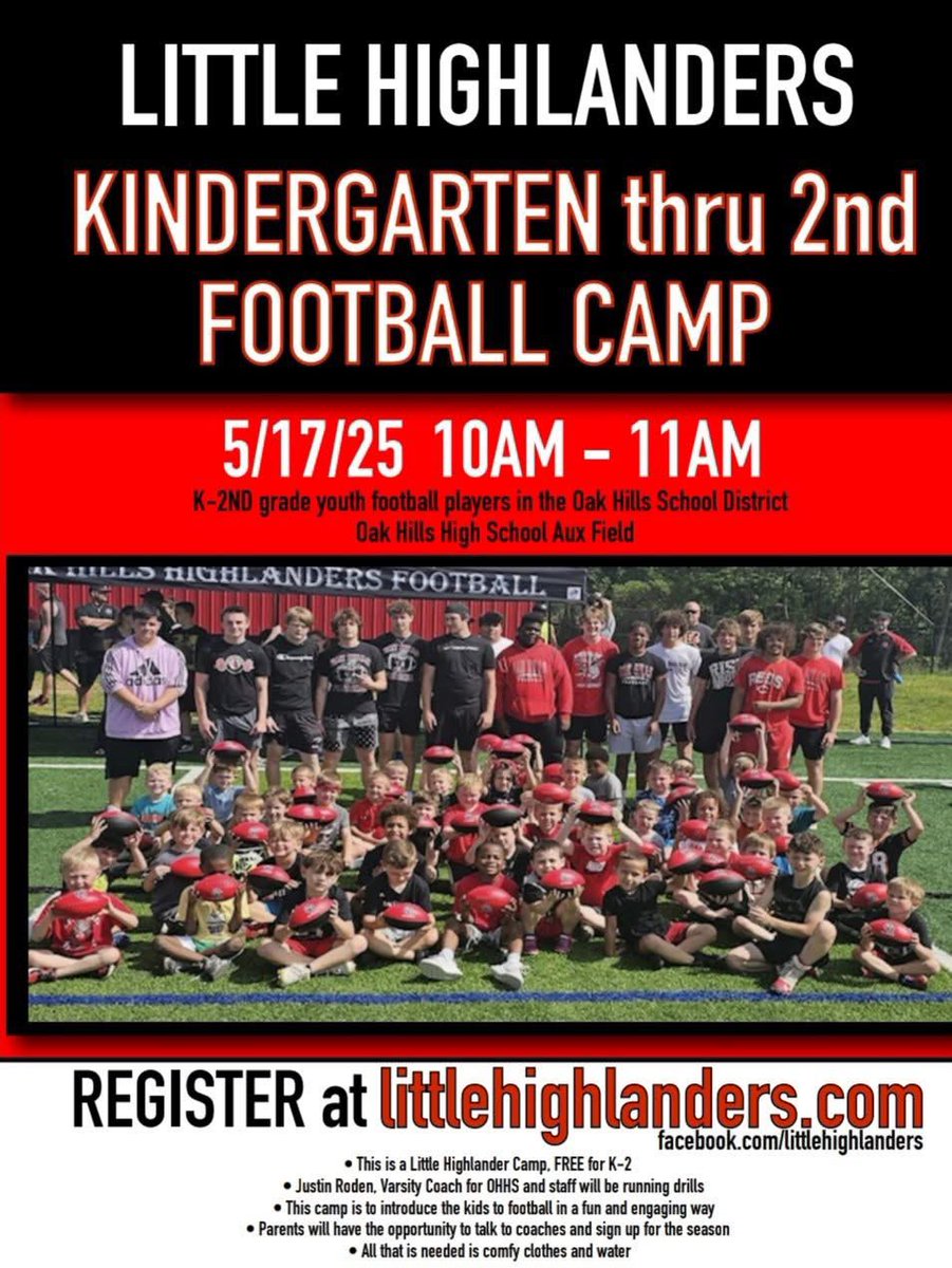 **FREE 2025 Kindergarten/1st/2nd Camp**
Saturday May 17th from 10-11am at OHHS
Get registered at Littlehighlanders.com!