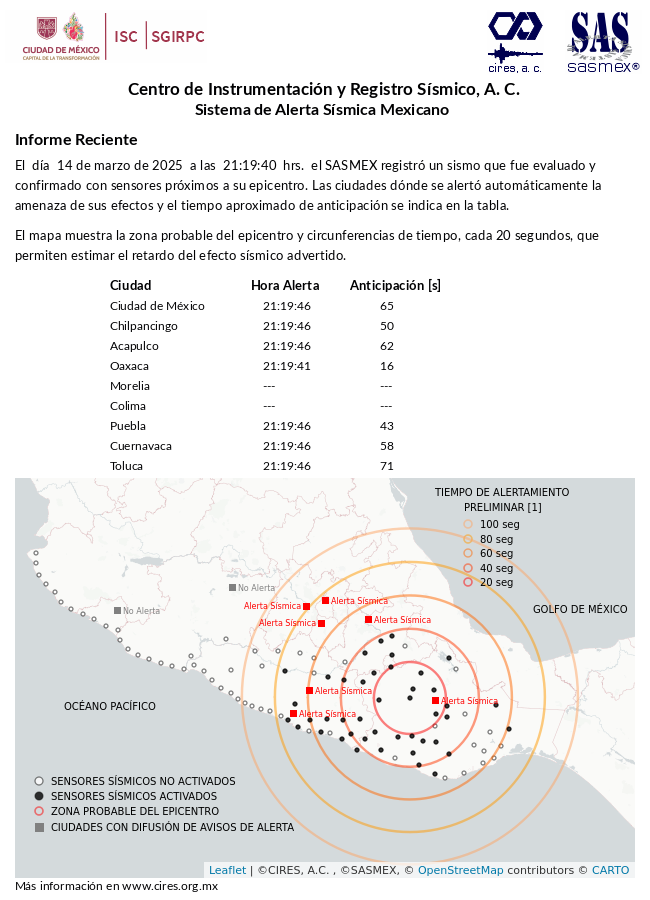#TenemosSismo informe preliminar (ACTUALIZACIÓN) de la #AlertaSísmica del 14-mar-25 a las 21:19:46 hrs. #LaPrevenciónEsNuestraFuerza