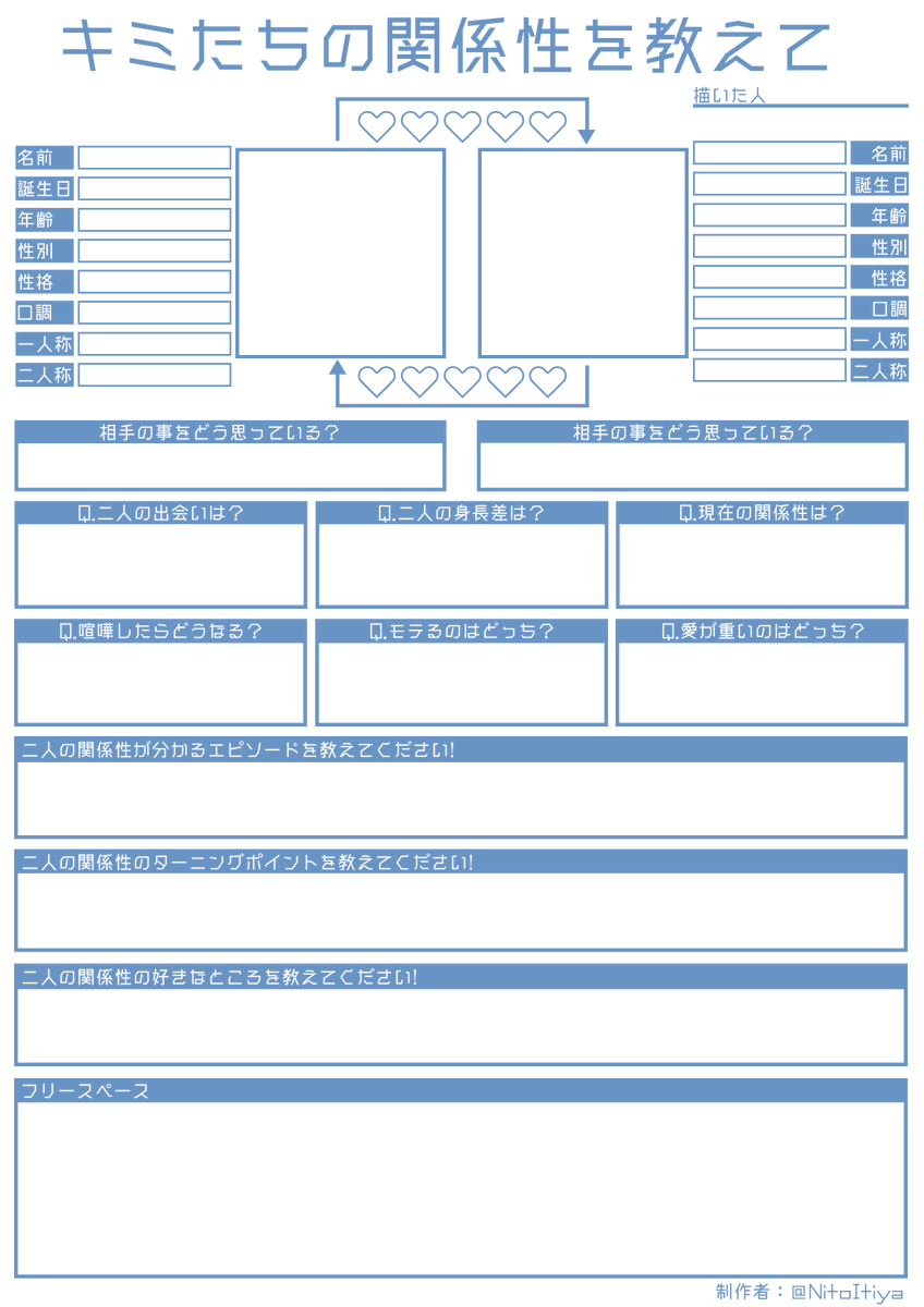 #キミたちの関係性を教えて
キャラクターの関係性をまとめたい方向けのテンプレートを作成しました！ご自由にご活用ください。
#創作テンプレート
#倉庫のテンプレート