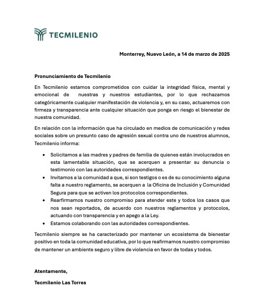 LoQuePasaEnNL's tweet photo. Pésimo comunicado del #TecMilenio sobre el caso de Rudy, un joven con TDAH agredido sexualmente por un grupo de alumnos en uno de los baños de sus propias instalaciones y que ha provocado manifestaciones en la propia escuela y redes sociales. https://t.co/Ew6FYbSSFl
