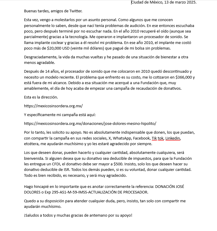 jmesino's tweet photo. #AyudaParaJosé
#ImplanteCoclear
#HipoacusiaBilateralProfunda
#Accesibilidad

Esta es la dirección.
https://t.co/Qt1F0xjrrj
Y específicamente mi campaña está aquí:
https://t.co/uUovVMrUY6 https://t.co/ff8g8PXY14