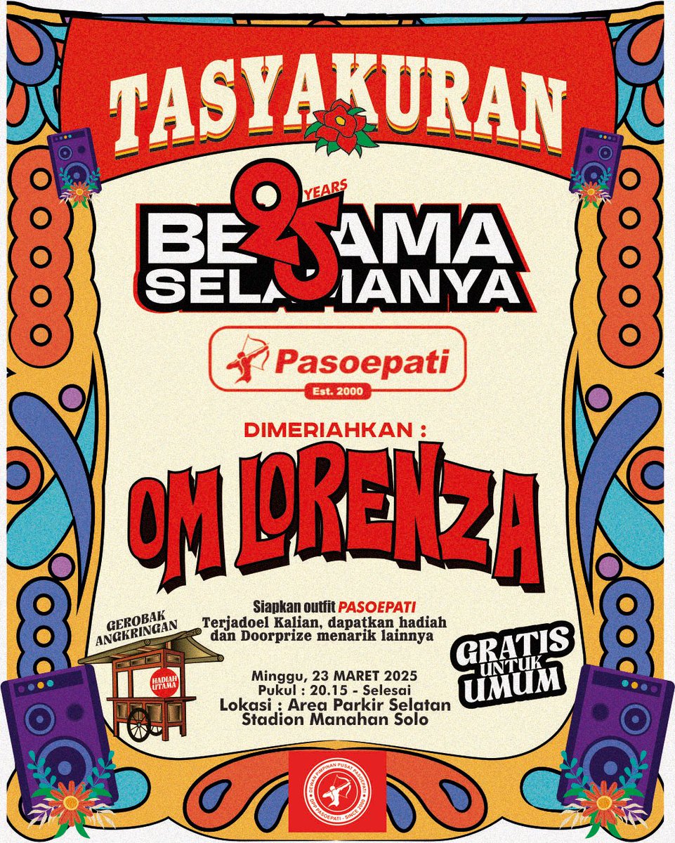 Agos Warsoep (@agoswarsoep) on Twitter photo BUKAN PASOEPATI FEST
Bismillah acara tasyakuran 25th PASOEPATI..
Acara bukber sederhana bersama anak2 yatim yg di meriahkan jg oleh Om Lorenza.
Monggo tmn2 Pasoepati, semua pecinta Persis Solo dan warga Solo Raya yg berkenan hadir dipersilahkan. BUKAN PASOEPATI FEST
Bismillah acara tasyakuran 25th PASOEPATI..
Acara bukber sederhana bersama anak2 yatim yg di meriahkan jg oleh Om Lorenza.
Monggo tmn2 Pasoepati, semua pecinta Persis Solo dan warga Solo Raya yg berkenan hadir dipersilahkan.