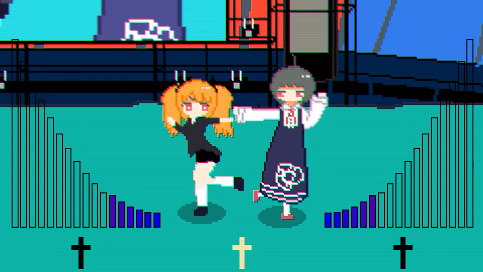 takayakata4827's tweet image. 亜電、アクションとリズム要素で難しそうと思われてるかもしれないけどハードモードにしなければ無限コンテニューできて詰まることがなく最後まで行けるようにしてるのでアクション苦手って人にも遊んでほしい…！めっちゃキャラとシナリオと演出頑張ったので