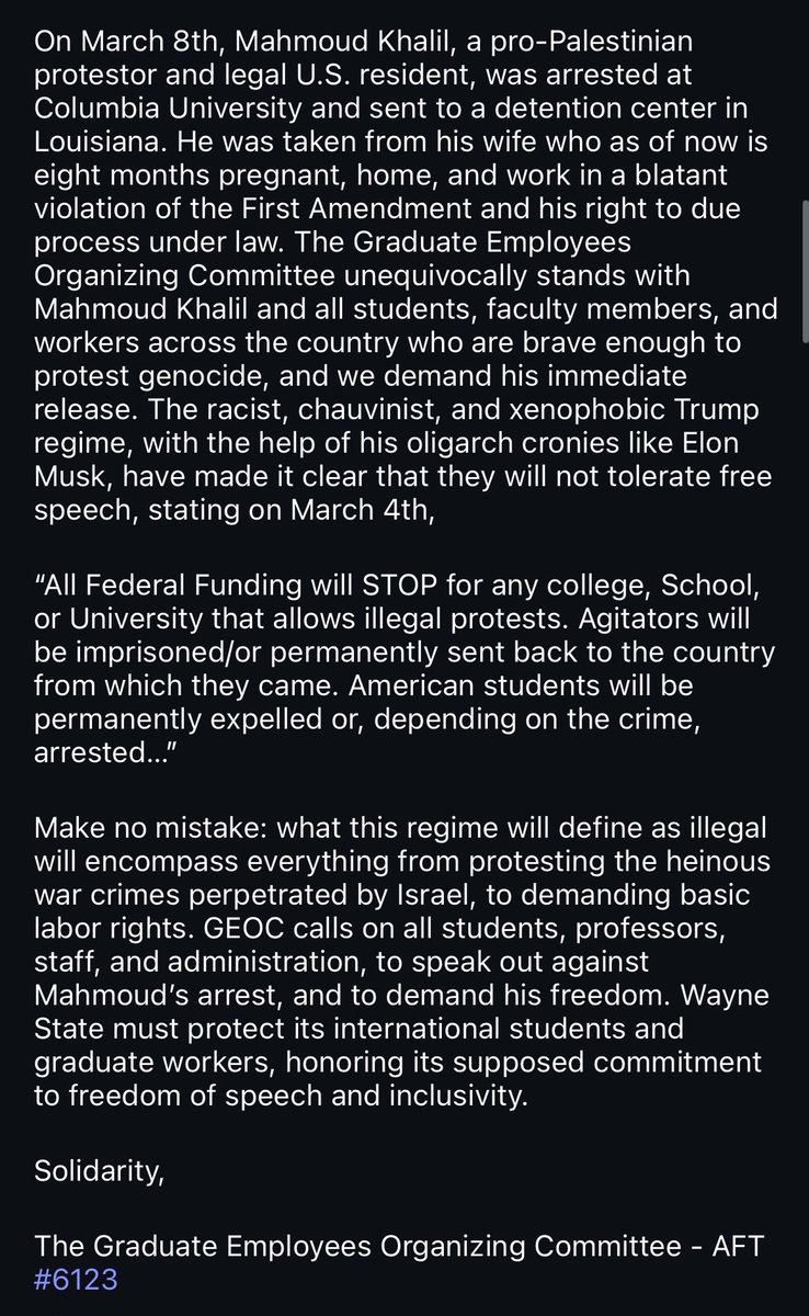 We call on EVERY University - from students, to graduate students, to faculty, to admin - to demand the freedom of Mahmoud Khalil. Read our statement below.