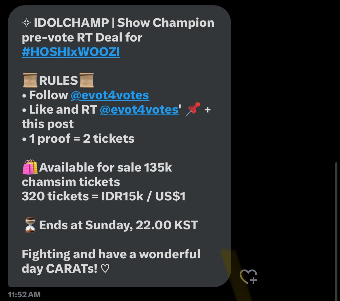 ultsebongiessss's tweet image. Carats! Need your help here. 1 proof = 2 tickets, we need to drop lots of proofs on this one. Please participate and spread. Tysm! 

✧ IDOLCHAMP | Show Champion pre-vote RT Deal for #HOSHIxWOOZI

📜RULES📜
• Follow @evot4votes
• Like and RT @evot4votes&apos; 📌 + this post
• 1…