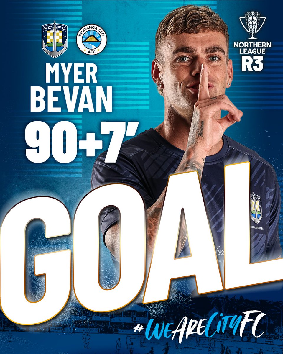 90+7' | AUCKLAND CITY FC 2 v TAURANGA CITY FC 1
GOAL!!! - Great strike by Myer Bevan to take nine man CITY to a 2-1 lead. 
#WeAreNavyBlue 🔵⚪️