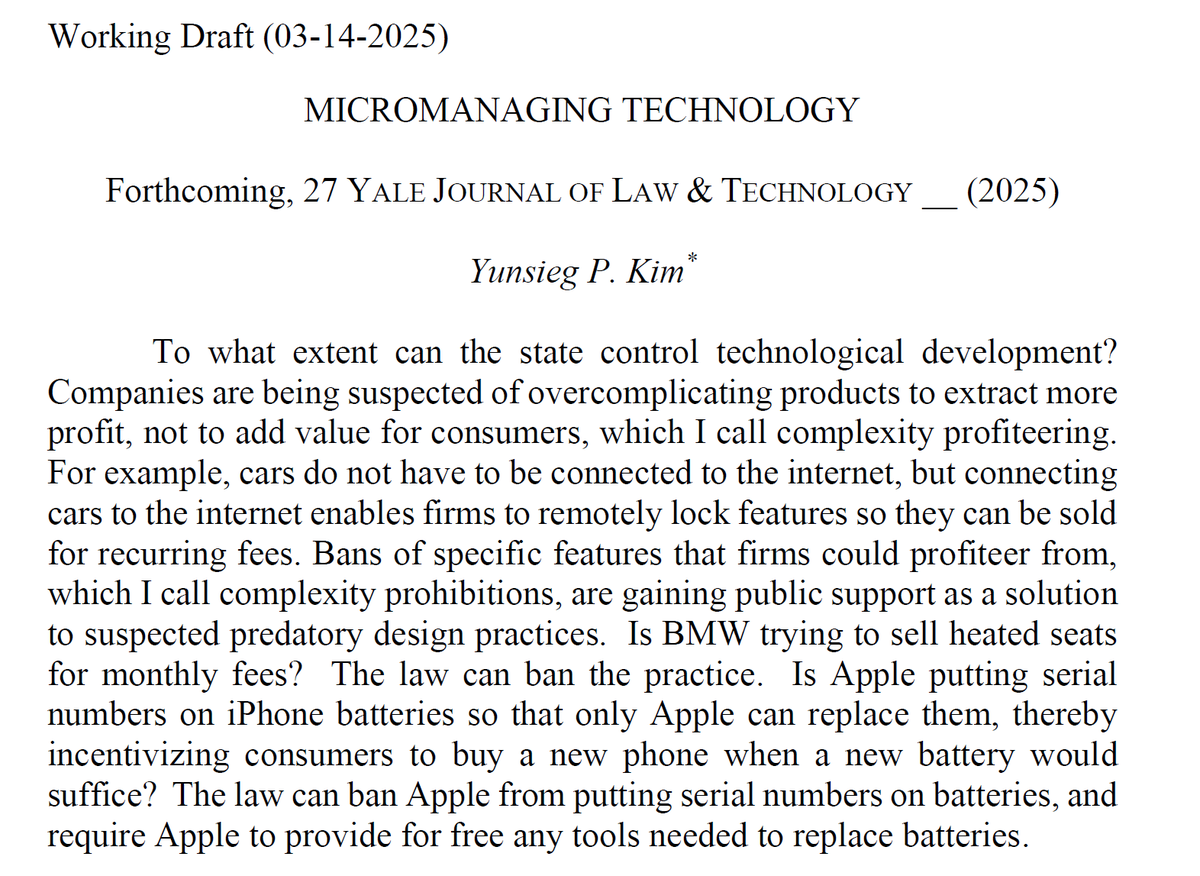 yunsieg's tweet photo. My article, Micromanaging Technology, will be published in the Yale Journal of Law &amp; Technology @YJoLT.  I argue that direct regulation of product design, such as banning Apple from gluing batteries into iPhones, may exacerbate predatory design practices. https://t.co/Q5HGxWuGzG https://t.co/HDKRIeRdGa