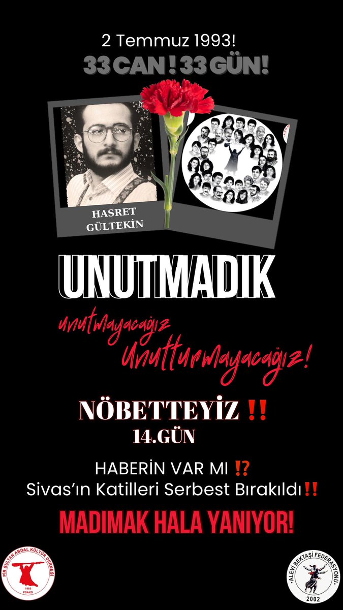 Sivas'ta katledilen canlarımızın katillerinin serbest bırakılmasını protesto için başlattığımız nöbetteyiz eylemimiz 14. gününde Hasret Gültekin adına yapılacaktır.