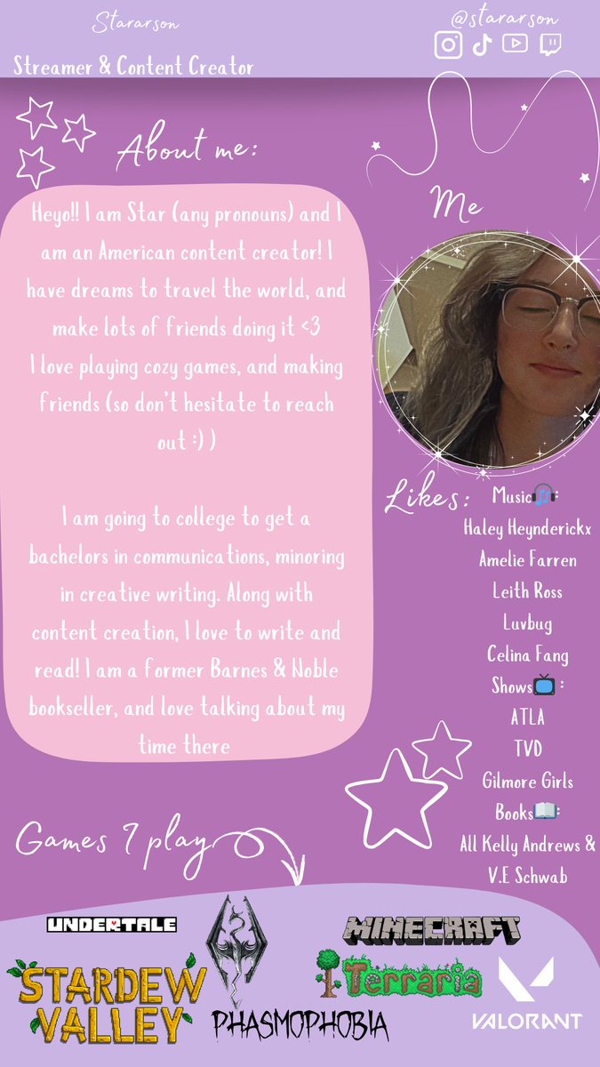 stararson's tweet image. Heyo!!! I'm Star and am looking for moots/streamer friends!!!
⭒ Any pronouns, 18+  
⭒ MC, Stardew, Valorant, Phasmo
⭒Twitch Streamer/Content Creator
⭒ Interest: Writing/Reading/Gaming/Cozy vibes
⭒ DM's open &amp;lt;3