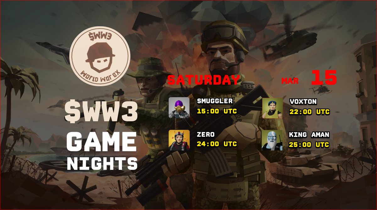 Game Night: Saturday's Lineup 
15:00 UTC &amp; 24:00 UTC - QA Crew
22:00 UTC <a href="/VoxtonLive/">Voxton</a> 
  &gt; twitch.tv/voxton
25:00 UTC <a href="/KingAmanTV/">KingAmanTV</a> 
  &gt; twitch.tv/kingamantv