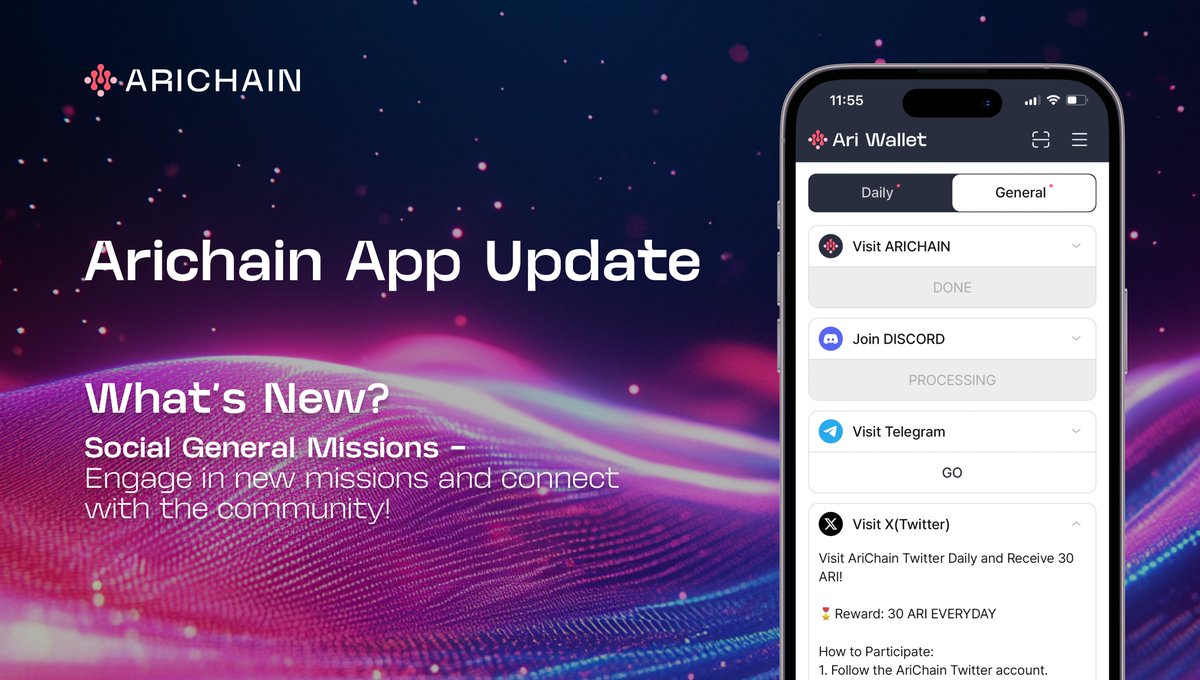 Arichain_'s tweet image. AriWallet App Update 🔥

The first update for Ari Wallet, the official wallet of Arichain, has been released.

Please update the Ari Wallet app on the Play Store and App Store.

can earn new points through new missions.