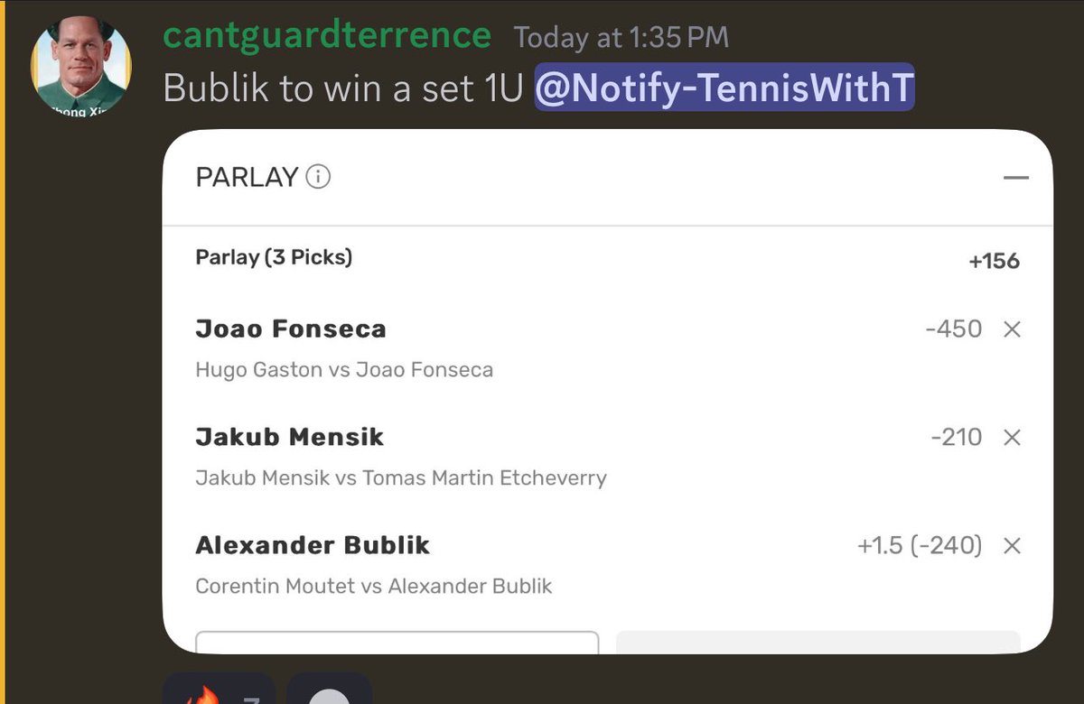 TennisWithT's tweet photo. Cash another Lay
Fonseca โ
Mensik โ
Bublik โ
+156 ๐ฐ
All play โก๏ธ https://t.co/4OV2b92NpD
#GamblingX https://t.co/0AANFvRyQU