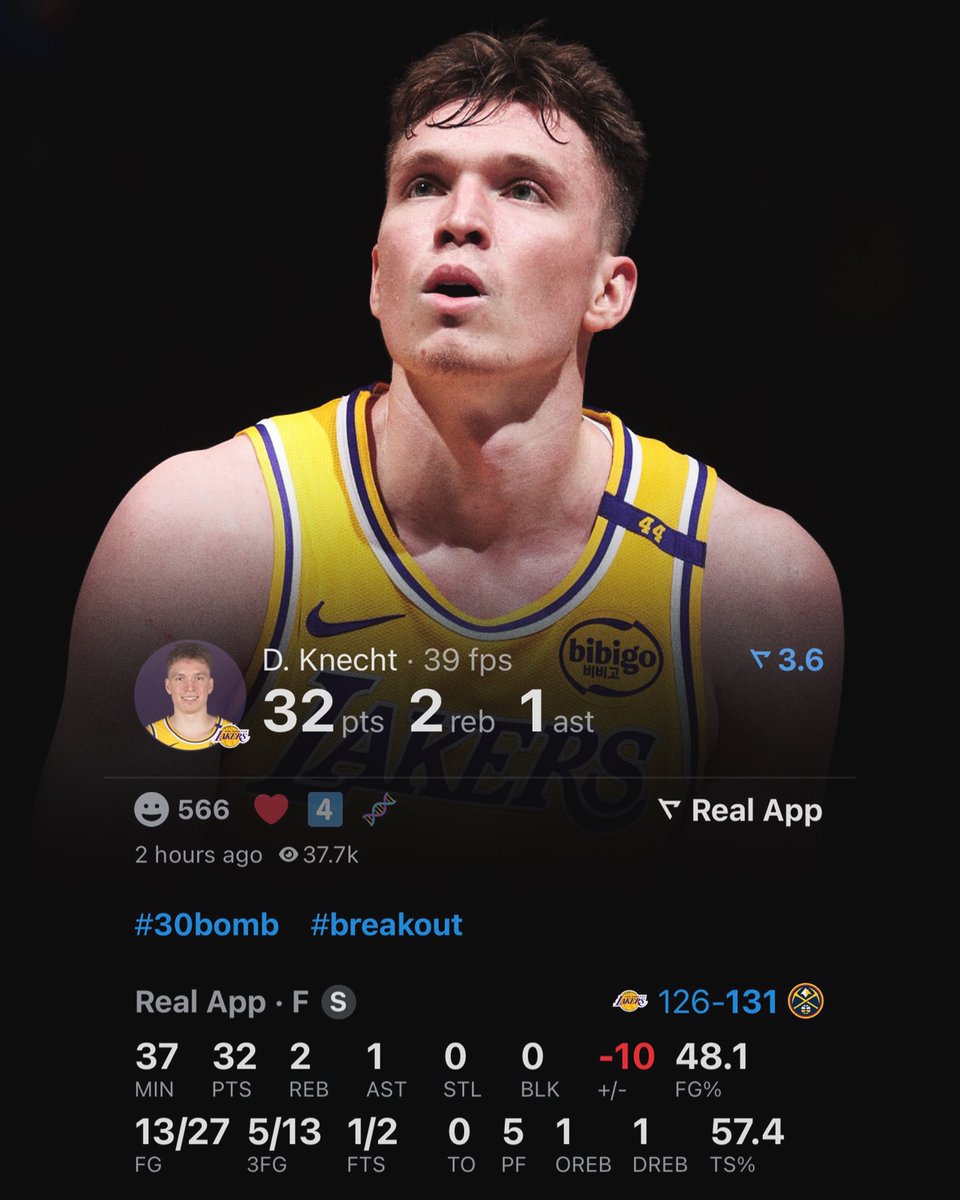 realapp's tweet photo. Dalton Knecht is the first rookie in Lakers history to ever record multiple games with:

30+ PTS
5+ 3PM
0 TOV https://t.co/IPzhUtQQmF