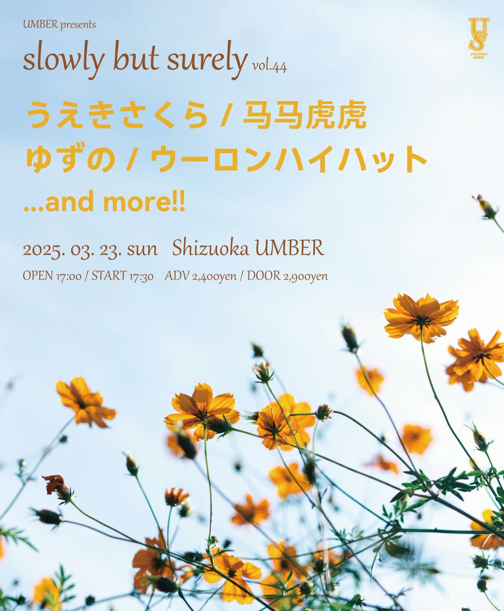 【来週！】
2025.03.23
静岡UMBER 
「slowly but surely vol.44」
w/うえきさくら
　马马虎虎
　ゆずの

お久しぶりの静岡です！
女性ボーカルオンリーの1日！張り切って行きます🔥