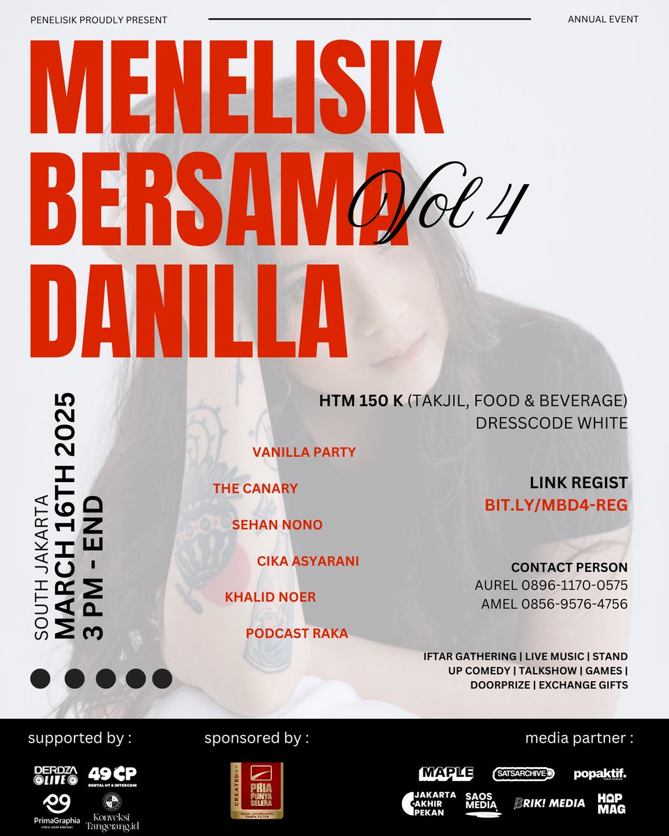 Hari ini adalah hari terakhir registrasi untuk Menelisik Bersama Danilla Vol. 4. Kalau belum, registrasi di link di bawah ini ya. Sampai jumpa besok! ✨

bit.ly/mbd4-reg