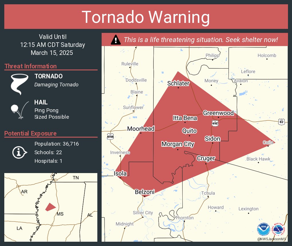 NWStornado's tweet photo. Tornado Warning continues for Greenwood MS, Moorhead MS and  Belzoni MS until 12:15 AM CDT https://t.co/YDbA7Mw5g1