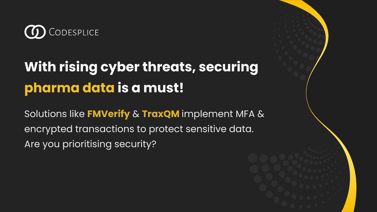 Codesplice Ltd (@codespliceltd) on Twitter photo With rising cyber threats, securing pharma data is a must! Solutions like FMVerify & TraxQM implement MFA & encrypted transactions to protect sensitive data. Are you prioritising security?
codesplice.com With rising cyber threats, securing pharma data is a must! Solutions like FMVerify & TraxQM implement MFA & encrypted transactions to protect sensitive data. Are you prioritising security?
codesplice.com