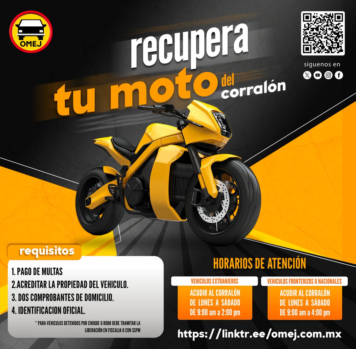 omej_oficial's tweet photo. #OMEJ | Operadora Municipal de Estacionamientos de Juárez te invita a recuperar tu moto del corralón
Los requisitos se muestran en la imagen
Cualquier duda siguenos en
https://t.co/fUH1FeCD2g
#ElCambioSigue https://t.co/PsmCkekPfb