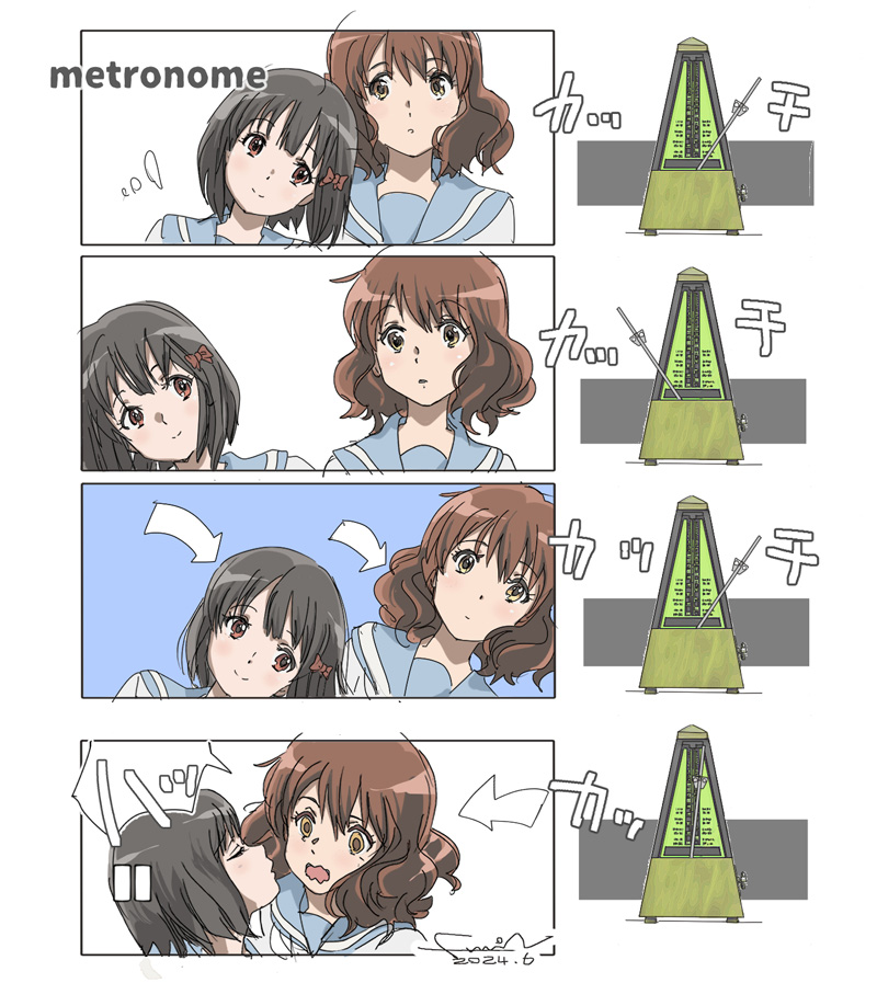 これはもうシンプルで判り易いネタでしたね。4コマ目の久美子は正面向きの方が自然だったけれど、頬ではなく唇に向かう方が奏っぽい過激な感じで良いなと思って変更。完成度高いんじゃないかと思ってたので、着色もしましたね。 