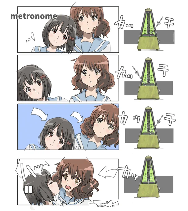 これはもうシンプルで判り易いネタでしたね。4コマ目の久美子は正面向きの方が自然だったけれど、頬ではなく唇に向かう方が奏っぽい過激な感じで良いなと思って変更。完成度高いんじゃないかと思ってたので、着色もしましたね。 