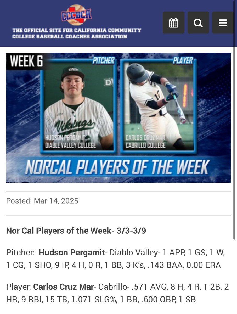 Big week from true freshman shortstop Carlos CruzMar! Winner of NorCal POTW!  Stay hot Los!