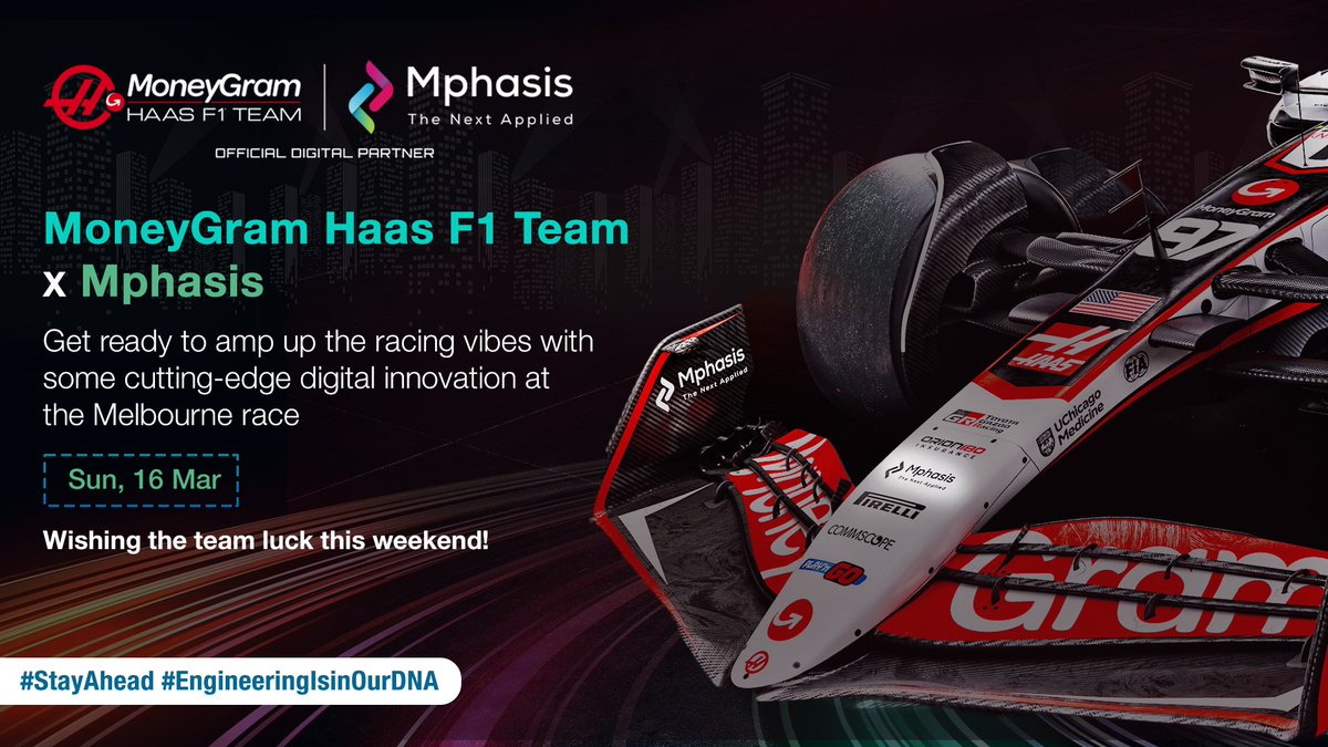 Mphasis's tweet photo. The MoneyGram @HaasF1Team and Mphasis has teamed up to rev up digital innovation on the racing track! With real-time data analysis, predictive modeling, and AI-driven strategies in the mix, they're gearing up to make waves at the Melbourne race. Tune in on Sunday, March 16. Learn more about our partnership: https://t.co/A7yLx0tG8p

#StayAhead #EngineeringIsInOurDNA