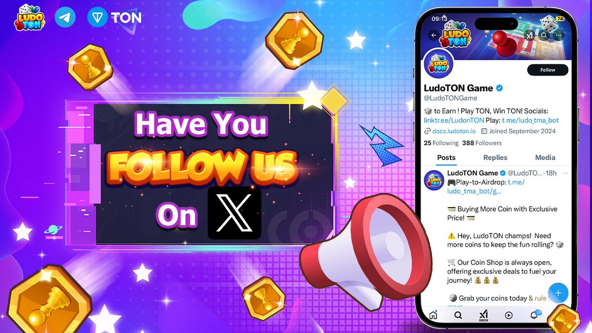 LudoTONGame's tweet photo. ⁉️ Did You Miss Something ⁉️

📌 LudoTON players! Remember that we’re also on X channel (https://t.co/9f0zORhk8Y) where you can update new features and events! 🎙

🔔 Don’t miss out—Stay in the Loop with LudoTON on X (https://t.co/9f0zORhk8Y) and stay ahead in the game! ✉️

#LudoTON #Ludogame #PlayToAirdrop #TON