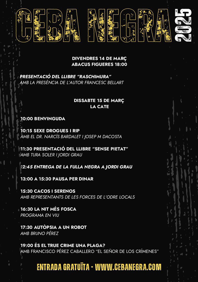 AGENDA. Avui dissabte és dia de #truecrime a #Figueres amb <a href="/ceba_negra/">cebanegra</a> a <a href="/LaCate_Figueres/">La Cate</a>.