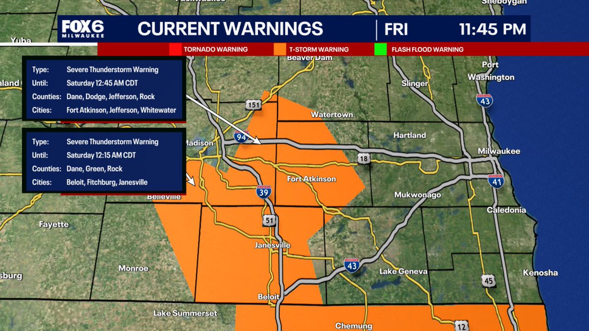 FOX6Weather's tweet photo. A Severe Thunderstorm Warning has been issued for parts of SE WI until 3/15 12:45AM. Make sure your cell phone emergency alerts are set to "ON." Tune into FOX6, Download the FOX6 Storm Center App &amp; FOX Local App for the latest information. https://t.co/C9113wIP5Q