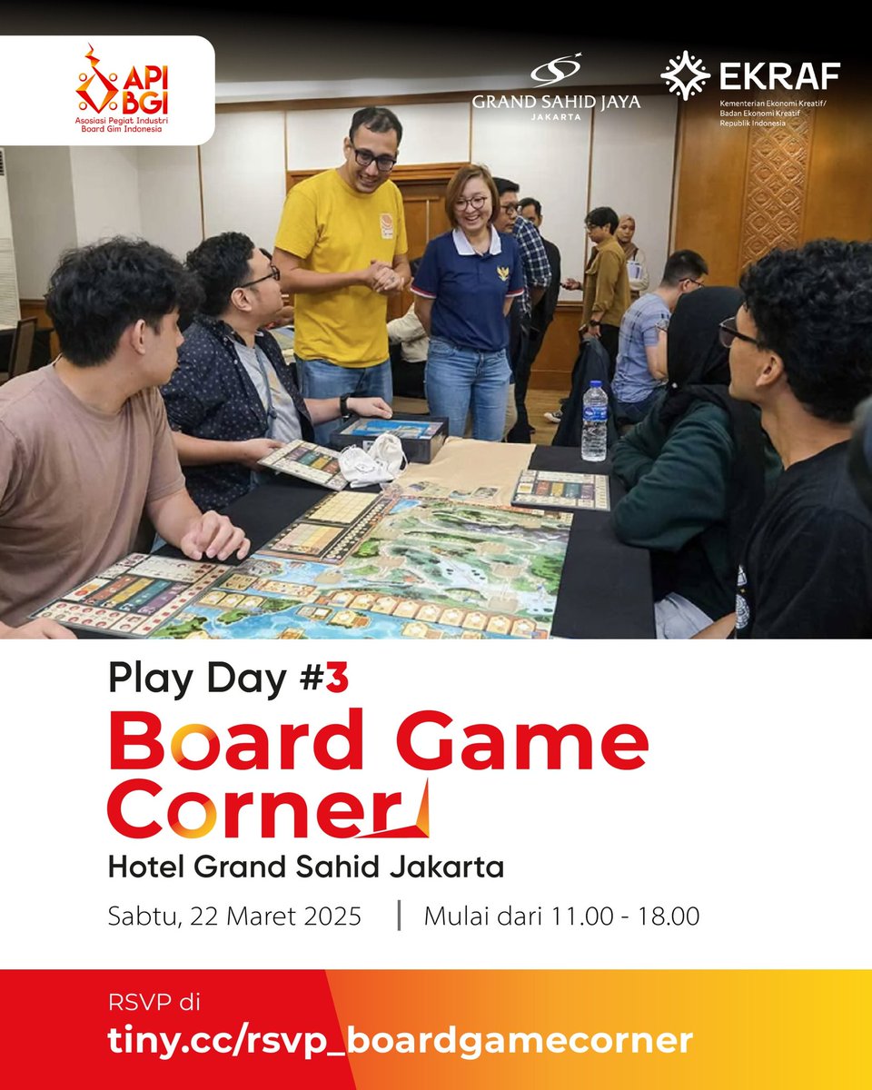 mahawirasd's tweet photo. Hi Gengs!
*APIBGI* ngadain event main bareng nih!

*Tidak ada cover charge!*

catet ya hari dan jamnya:
*Sabtu 22/3/2025*
11.00 - 18.00 WIB

Hotel Grand Sahid Jaya
https://t.co/pfDr3Rrrsm

tolong bantuannya meramaikan ya gengs!

#APIBGI #playday #boardgames #playunplugged https://t.co/FUDrJBTFZA