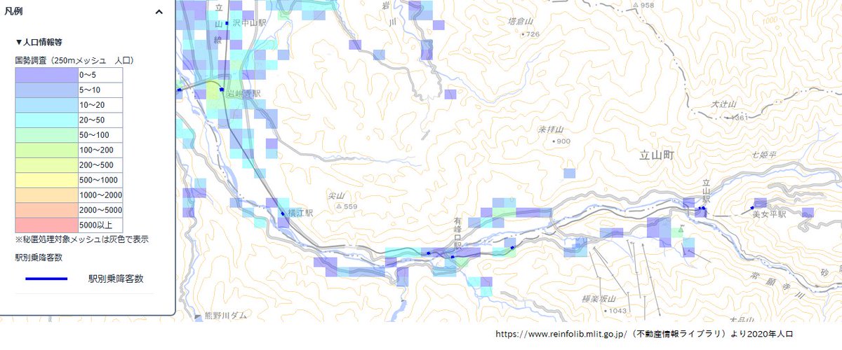 「最近は250mメッシュで人口が見れるので便利だ。岩峅寺～立山の沿線人口は極めて少」|しーさいどのイラスト