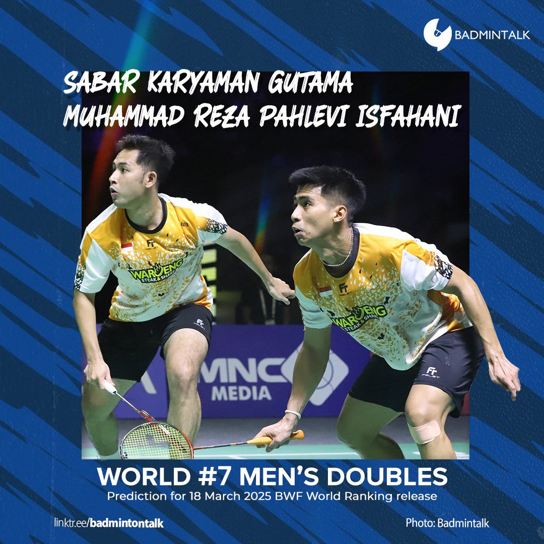BadmintonTalk's tweet photo. Congratulations to Sabar Karyaman Gutama and Moh. Reza Pahlevi Isfahani for reaching career high of World Rank number #7 next week!
They will be ranked seventh in the world in next week's ranking release on Tuesday, 18 March 2025!
#Badmintalk #RankingCalculated https://t.co/JzFBZhGWck