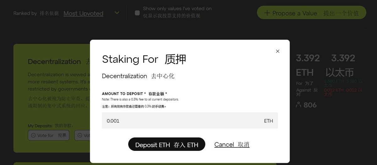 ConsenSys在linea链发起的以太坊生态价值观投票活动，投票需质押0.001的ETH，2u左右，可随时提取，提取会扣除0.03%的费用
ethereum-values.consensys.io

ConsenSys是小狐狸钱包的开发者，也是一个专注于以太坊生态的公司，由以太坊联合创始人 Joseph Lubin 创立，是linea及小狐狸的母公司咯