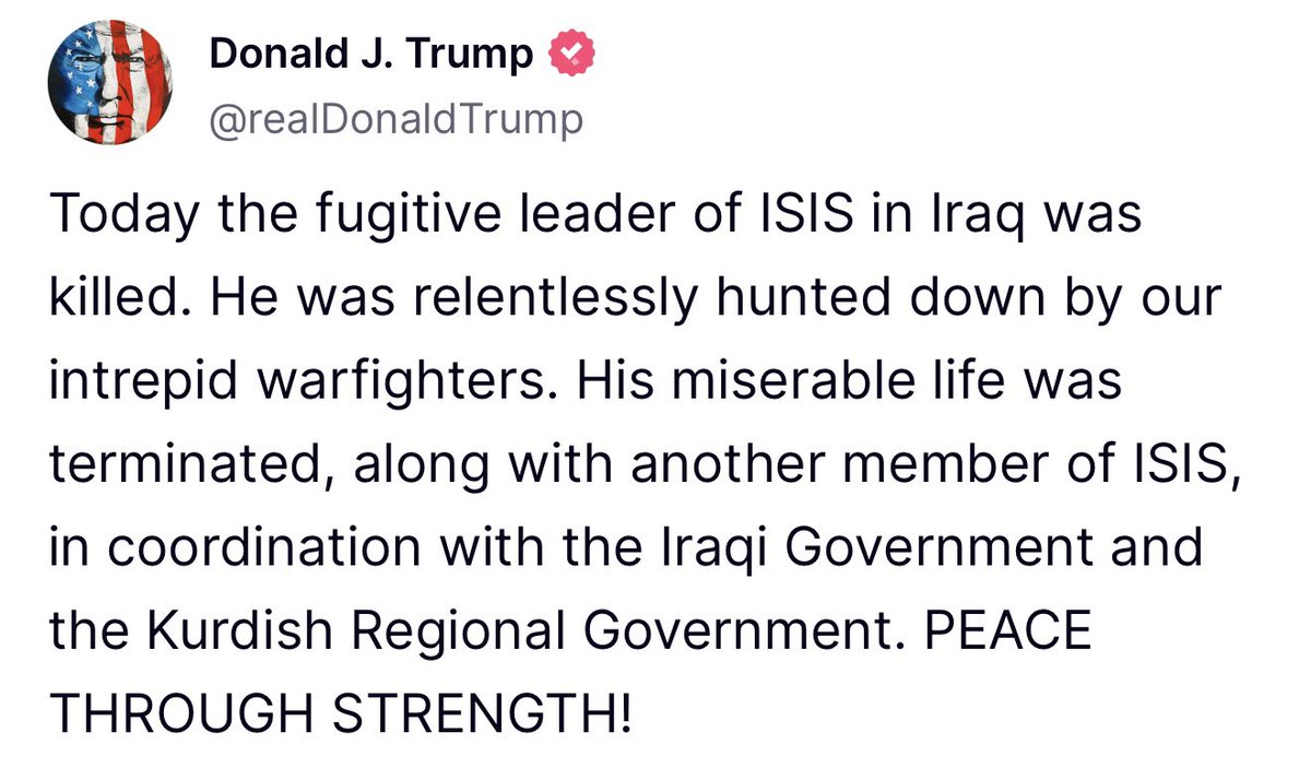 sentdefender's tweet photo. U.S. President Donald J. Trump’s statement following Thursday’s airstrike in Western Iraq, which resulted in the elimination of ISIS’ Chief of Global Operations and the Delegated Committee Emir, Abdallah Makki Muslih al-Rifai, also known as Abu Khadijah. https://t.co/DJUBNexwFy