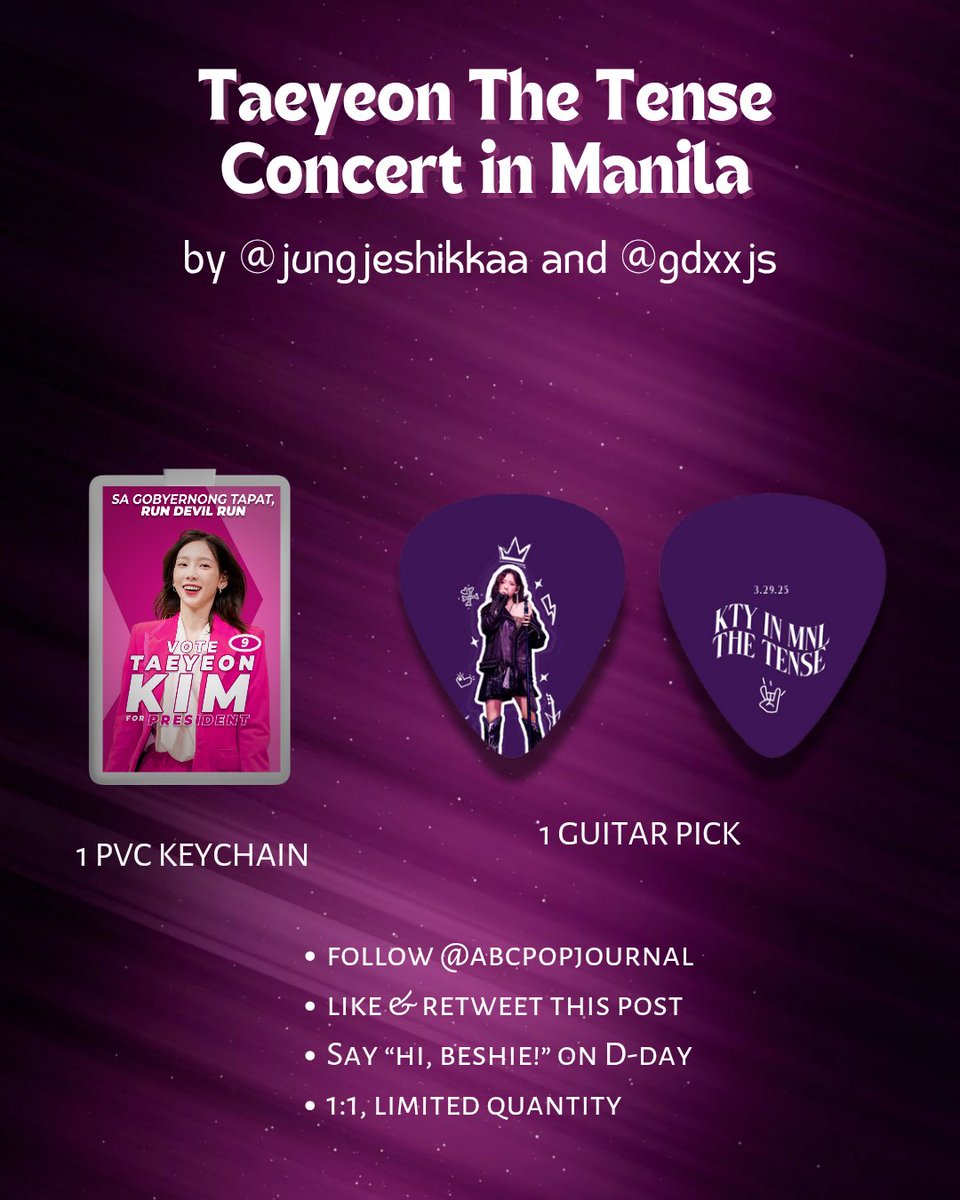 gdxxjs's tweet photo. TAEYEON The Tense in Manila Fan Support by @jungjeshikkaa &amp; @gdxxjs 🌸

#Taeyeon_TheTense_in_Manila

- Must be following @abcpopjournal
- Like &amp; Retweet this post
- Say "Hi, Beshie!" on D-Day
- 1:1, Limited Quantity

#TheTense #TaeyeonTheTense https://t.co/S55ud1VOih