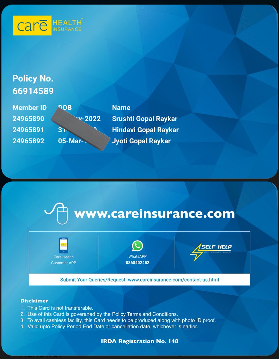GopalRaykar1's tweet photo. @careinsuranceIN @MSInSociety Check my policy number 66914589 and contact to Shinde bal rugnalay jalna maharashtrat 

Hospital contact details :- 02482 229 167 https://t.co/4PeZmlwsEo