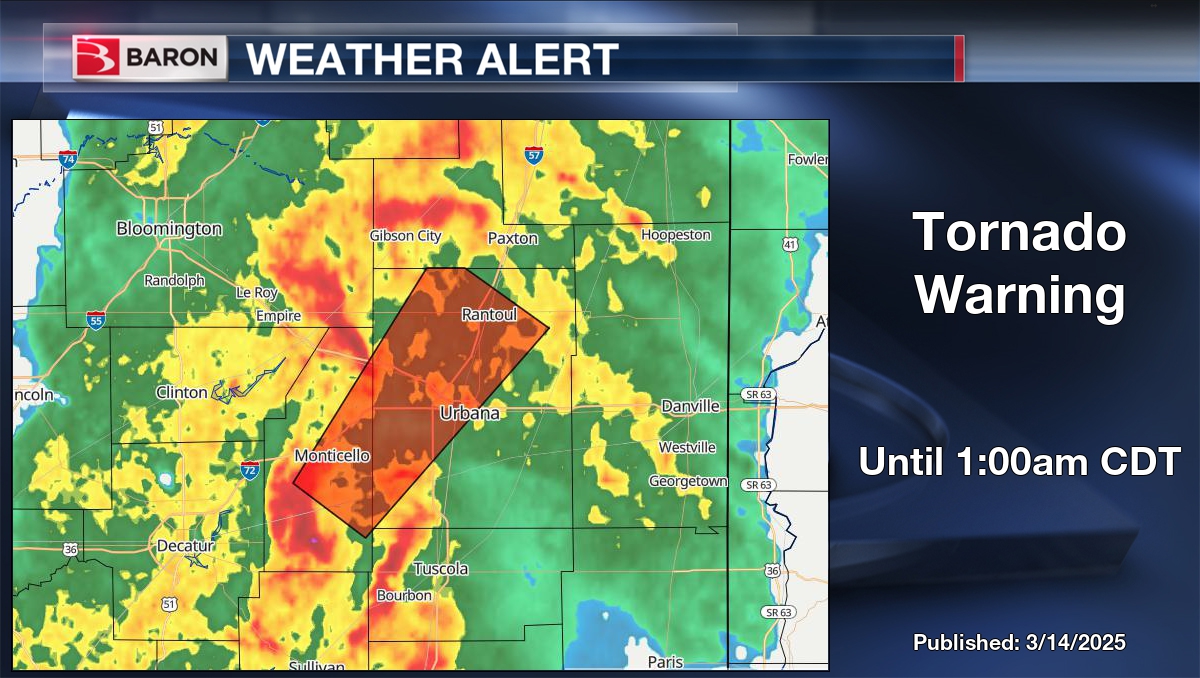 ReadyWarn's tweet photo. WEATHER ALERT: Tornado Warning for Champaign and Piatt County in IL until 1:00am CDT. #ilwx https://t.co/o0dvMxUAAa