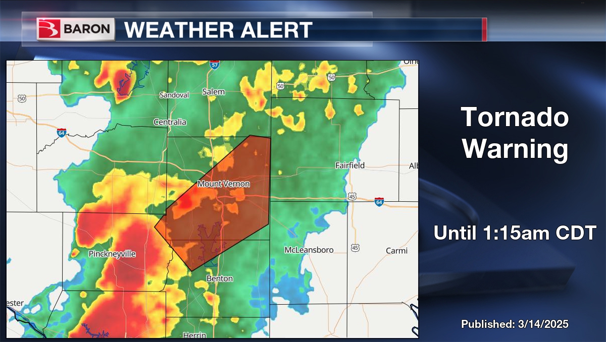 ReadyWarn's tweet photo. WEATHER ALERT: Tornado Warning for Franklin, Jefferson, and Perry County in IL until 1:15am CDT. #ilwx https://t.co/5bl0n3bX9D