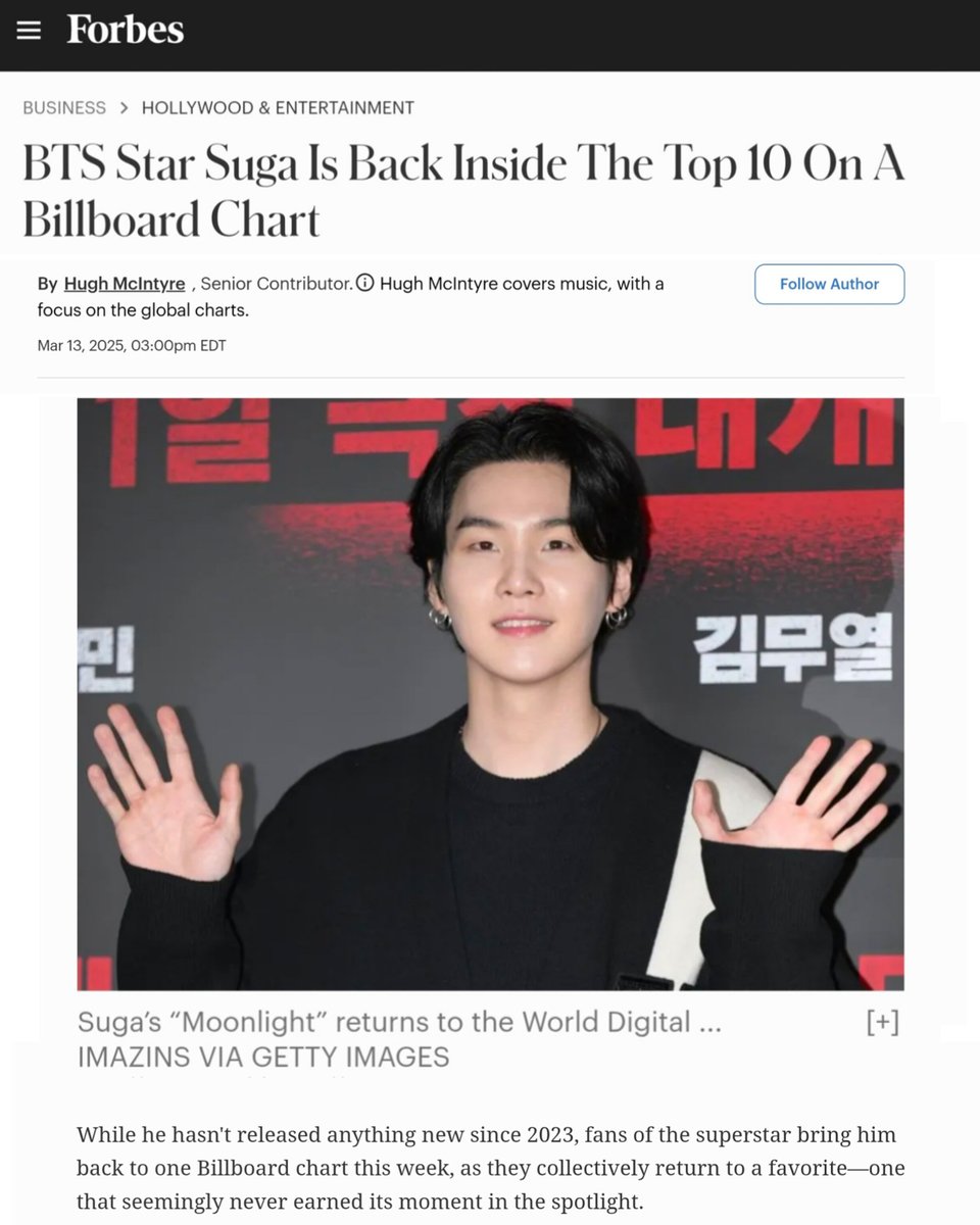 DataAgustD's tweet photo. FORBES reports on #SUGA/#AgustD's recent entry on the Billboard Chart! 🇺🇸❤️‍🔥

“𝐁𝐓𝐒 𝐒𝐭𝐚𝐫 𝐒𝐮𝐠𝐚 𝐈𝐬 𝐁𝐚𝐜𝐤 𝐈𝐧𝐬𝐢𝐝𝐞 𝐓𝐡𝐞 𝐓𝐨𝐩 𝟏𝟎 𝐎𝐧 𝐀 𝐁𝐢𝐥𝐥𝐛𝐨𝐚𝐫𝐝 𝐂𝐡𝐚𝐫𝐭”

“While he hasn't released anything new since 2023, fans of the superstar bring him back to one Billboard chart this week, as they collectively return to a favorite—one that seemingly never earned its moment in the spotlight.”

“"Moonlight" reenters the World Digital Song Sales chart this time around. The track breaks back in at No. 8 on the 10-space ranking of the bestselling tunes that classify as “world,” according to Billboard.”

“The tune was released not under Suga’s name, but the moniker Agust D. Unlike his BTS friends, Suga doesn’t use the same alter ego when sharing music as one of seven in the group as he does when he’s out on his own. Instead, he created another name, which he oftentimes turns to when dropping songs and projects as a soloist.

"Moonlight" has now spent two weeks on the World Digital Song Sales chart. It debuted and peaked at No. 5 years ago and is now back for just the second time since launching.

 "Moonlight" was never chosen as a single by Suga, and yet fans are still loving it nearly five years after it was originally released. The track opened his solo mixtape D-2, which was shared under the Agust D moniker.”

🔗 https://t.co/aXpoymYVMo

@bts_bighit @BIGHIT_MUSIC 

CONGRATULATIONS AGUST D
CONGRATULATIONS SUGA
#AgustD #SUGA #방탄소년단슈가 #슈가 #BTSSUGA