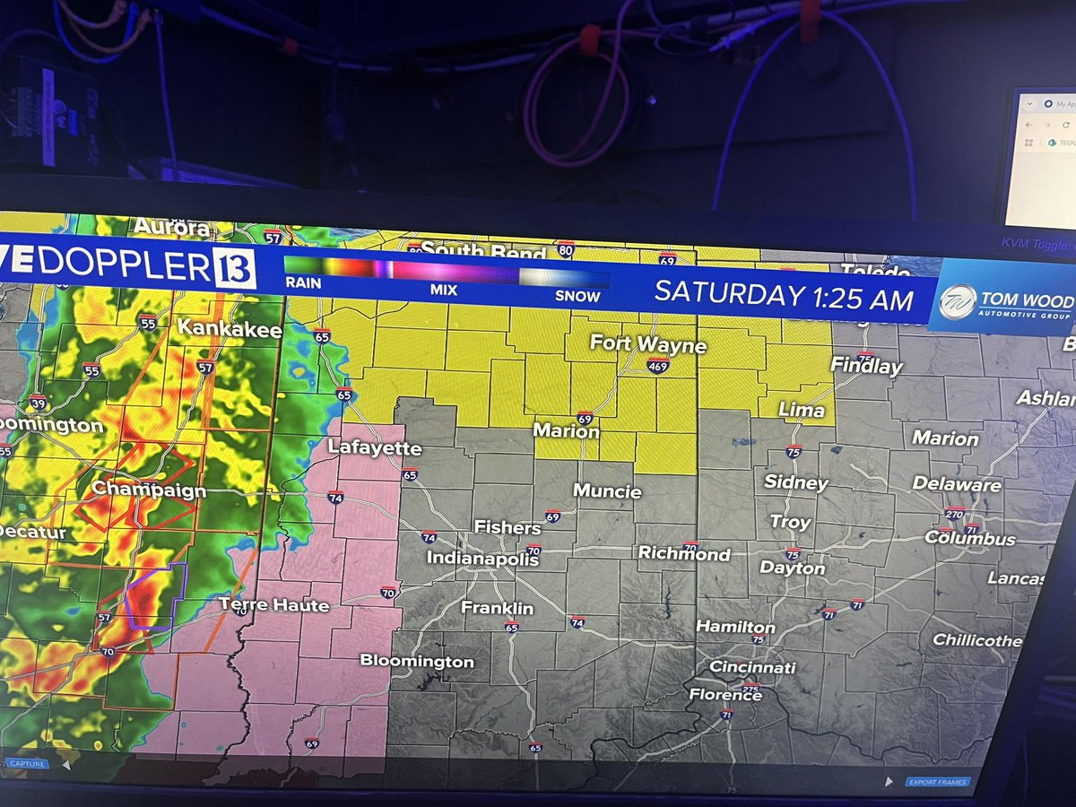 1:25am Live Doppler 13 Radar - line of storms getting closer to western Indiana now with ongoing warnings including tornado