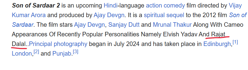 dxksh__'s tweet photo. Rajat Dalal is also a part of Son of Sardar 2 ?? 

source:Wikipedia 

#ElvishYadav #ElvishArmy #RajatDalal #GorillaGang https://t.co/ubFAlnJMPe