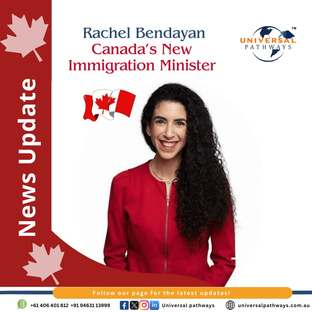 UPathways's tweet photo. 🚨 Rachel Bendayan is Canada's New Immigration Minister! 🇨🇦
What changes do you expect  to move to Canada? 🤔
Drop your thoughts below! ⬇️
#StudyInCanada #CanadaDream #MoveToCanada #InternationalStudents #ExpatsInCanada #WorkInCanada #UniversalPathways #CanadaVisa #FutureInCanada https://t.co/w5oiUQRLsa