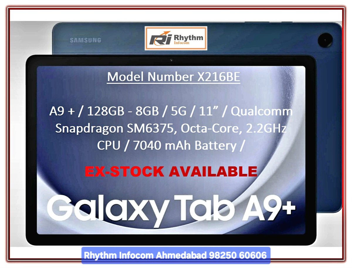 shuklaankit's tweet image. *SAMSUNG TABLET A9 PLUS LTE*

 11" DISPLAY - 8GB - 128GB - EXPANDABLE - 5G - WIFI - DUAL SPEAKERS BY AKG. 

MRP : 32999
MOP : 24999

*SPECIAL PRICE AVAILABLE FOR CORPORATE AND GIFTING REQUIREMENTS*

chat.whatsapp.com/IWcTBzFTt5HH0p…

#Samsung #TabA9Plus #SamaungTab #RhythmImfocom